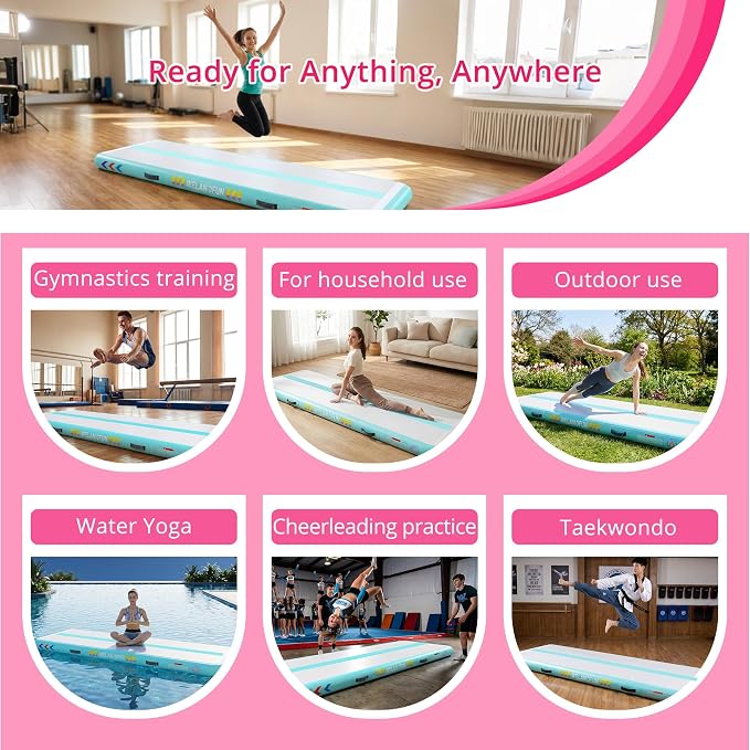 Air Tumble Track Mat for Gymnastics | 4/6 / 8 inches Air Tumbling Mats, 6.56/10 / 13 / 16ft Inflatable Gymnastics Mat for Home Use, Training, Cheerleading, Water Yoga with Electric Air Pump