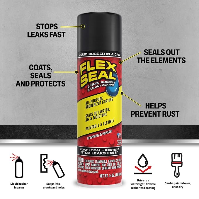 Flex Seal, 14 oz, 2-Pack, Black, Stop Leaks Instantly, Waterproof Rubber Spray On Sealant Coating, Perfect for Gutters, Wood, RV, Campers, Roof Repair, Skylights, Windows, and More