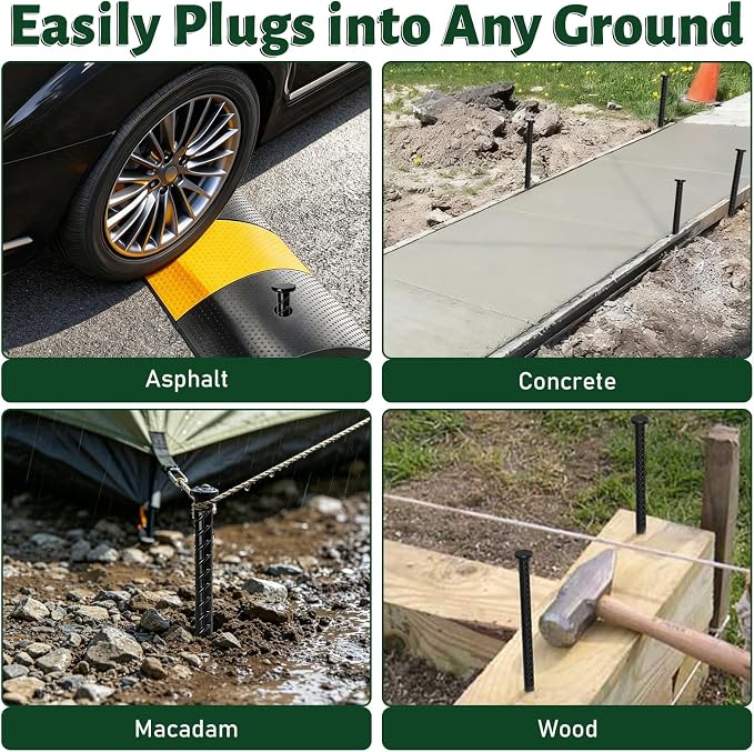 14 Inch Rebar Stakes 1/2" Heavy Duty Ground Anchors for Asphalt (10 Pack) | Metal Spikes with 45° Chisel Point & Black Powder Coating for Speed Bumps, Parking Curbs, Landscape Timbers and Camping Tent