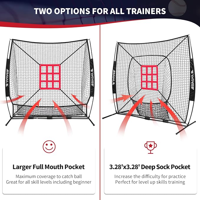 BAGAIL 7x7 ft Extra Large Baseball & Softball Training Net with Batting Tee, Heavy Duty Reinforced Steel Frame, Oversized Hitting Zone for All Levels, Portable Backstop with Carry Bag