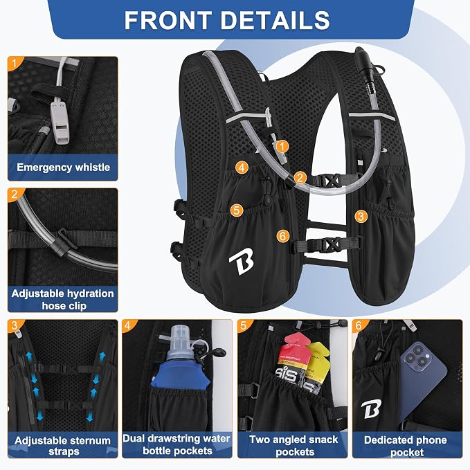 BECOJADDE Running Vest Hydration Backpack for Men Women, 5L Lightweight Running Backpack Hydration Pack for Marathon, Trail, Cycling, Hiking, Jogging