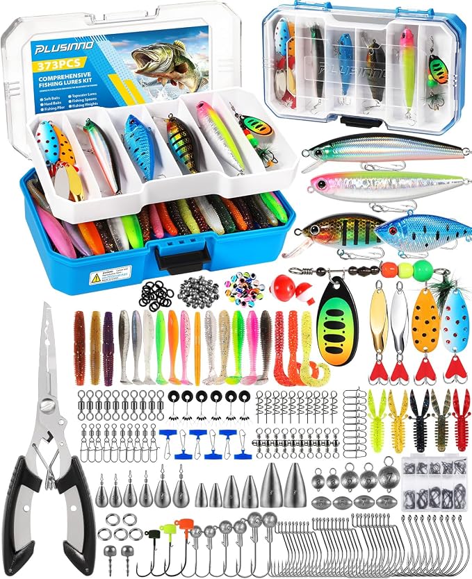 PLUSINNO Fishing Lures Tackle Box Gear Kit with Tackle Included, 373 PCS | Waterproof, Compact & Customizable, for Bass Trout, Freshwater Topwater, 16 Rigs, Fishing Gifts for Men Starter