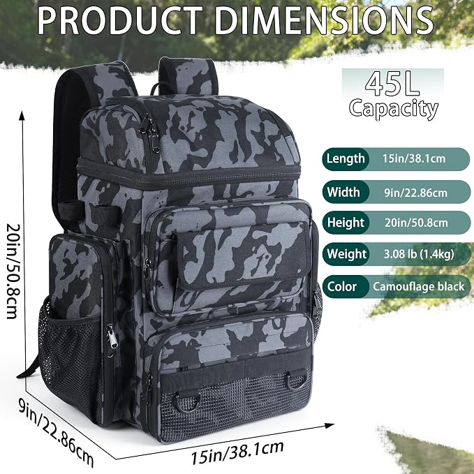 Fishing Tackle Backpack With Rod Holders, 45L Large Tackle Bag & Fishing Tackle Backpack,Cellular Pattern Color