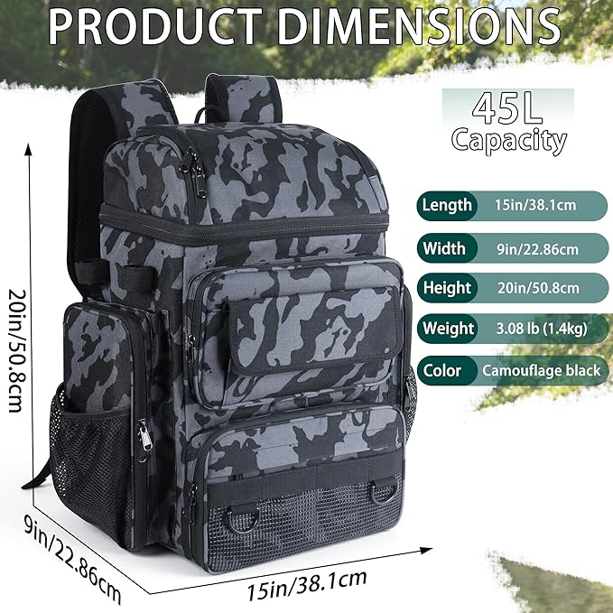 Fishing Tackle Backpack With Rod Holders,45L Large Tackle Bag & Fishing Tackle Backpack for Fishing,Camping, Hiking,Camouflage Gray White