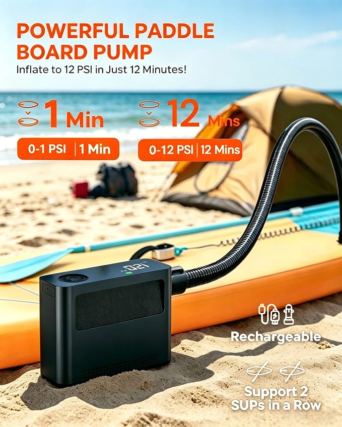 Paddle Board Electric Pump 150PSI, 4X Faster Rechargeable SUP Pump, Inflator Deflator, Auto Off Portable Air Compressor for Tires, Bikes, Inflatables,Tents, Air Mattess, Kayak