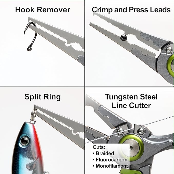 8 Inch Fishing Pliers, Cut Braided and Fluorocarbon Lines, Hook Remover, Lockable, Split Ring, Multi Tool, Ocean Fishing, Fly Fishing, Ice Fishing, Hard Rubberized Sheath, Gift for Fisherman