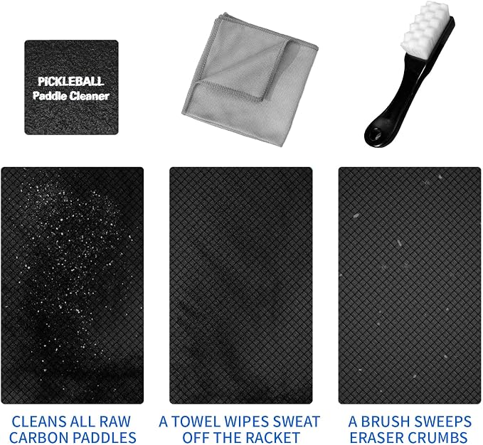 5-in-1 Pickleball Paddle Eraser Kit - [2 Erasers, Microfiber Towel, Soft Brush & Pouch] Raw Carbon Fiber Cleaner & Grit Restorer Set