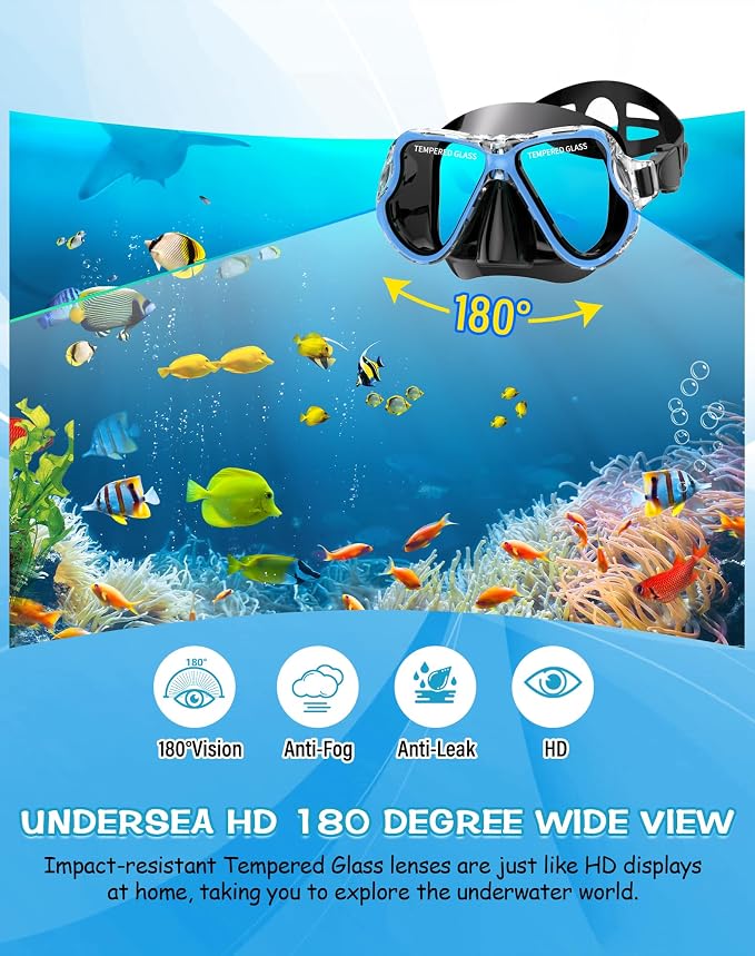 Greatever Dry Snorkel Set,Panoramic Wide View Anti-Fog Scuba Diving Mask,Professional Snorkeling Gear for Adults Kids