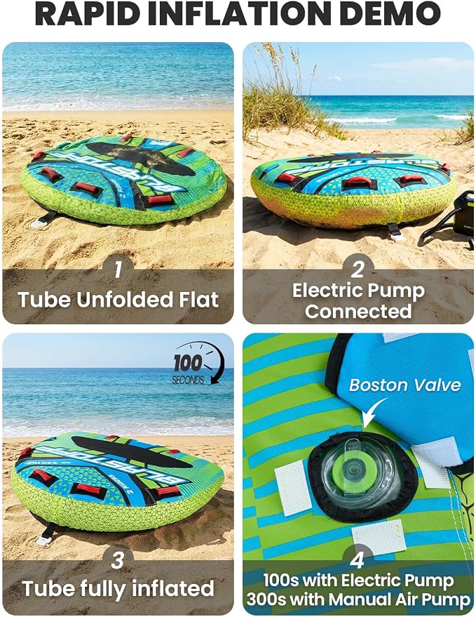 Zeraty Towable Tube for Boating 1-2 Riders, Heavy Duty Inflatable PVC Water Tube with 420D Nylon Cover & Reinforced Handles, Stable Deck Tube for Lake Ocean River, Towable for Water Sports Kids Adults