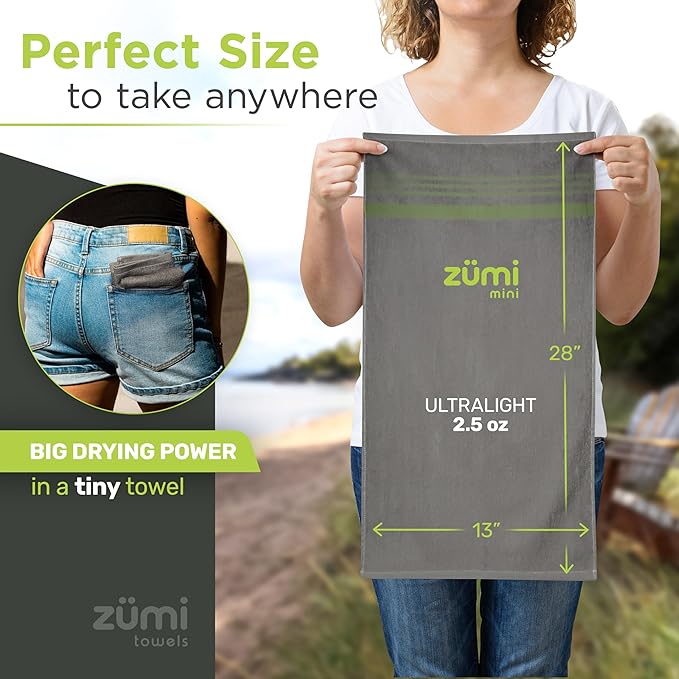 Zumi MINI 100% Cotton Camping Travel Towel - Small, Ultralight, Fast Drying, Highly Absorbent, Soft and Gentle on the Skin, Safe for the Planet (28"x13" Gray)
