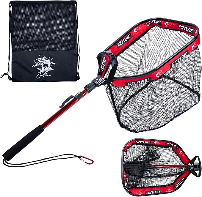 Goture Floating Fishing Net with Assist Handle, Aluminum Alloy Fixed or Telescoping Pole Handle, PVC Coated Nylon Mesh, Foldable Fish Landing Net, Carry Bag for Kayak, Fly, Bass, Trout Fishing