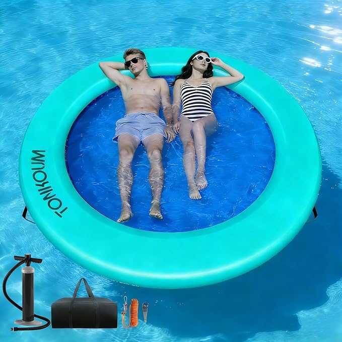 Water Hammock Inflatable Dock, 3.8ft/6ft/8ft Floating Raft Circular Water Island, Float Rings Air Mesh Platform for Lake/River/Swim Pool