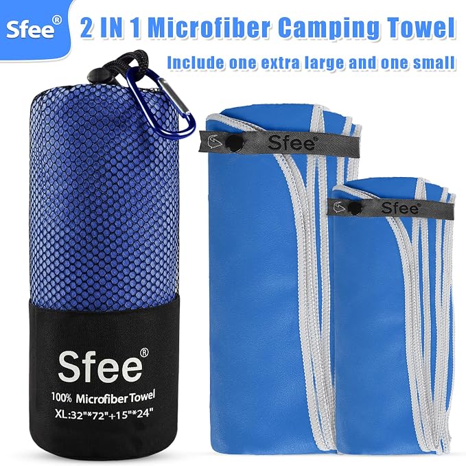 Sfee 2 Pack Microfiber Travel Towel, Quick Dry Camping Towel Large Beach Towel Super Absorbent Compact Lightweight Sports Gym Towels Set for Beach, Gym, Hiking, Pool, Backpacking,Bath,Yoga