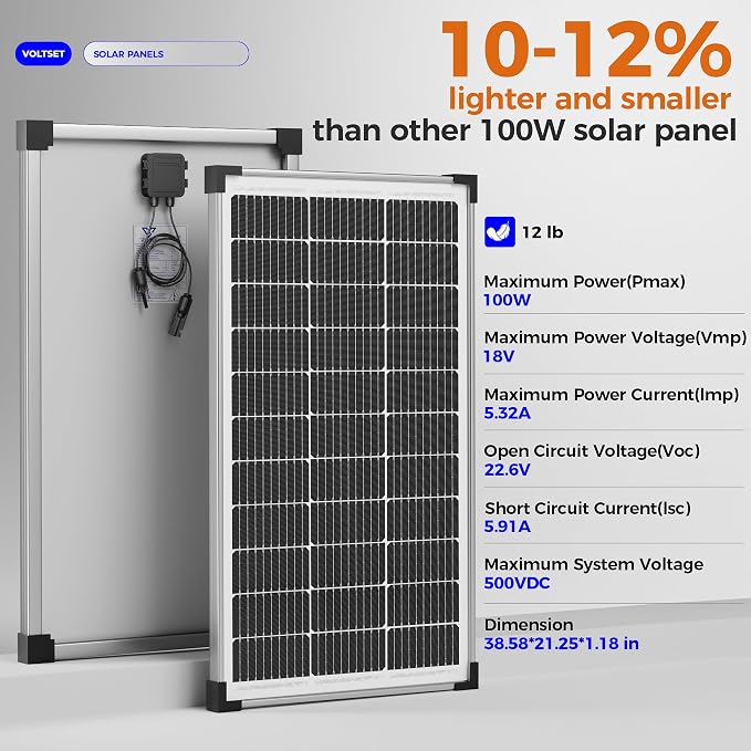 Voltset 200W 12V Solar Panels, High Efficiency 9BB Cell Monocrystalline Solar Panel IP67 Waterproof, Suitable for RV, Marine, Rooftop, Home, Yacht, Off-Grid Applications (2-Pack 100W)