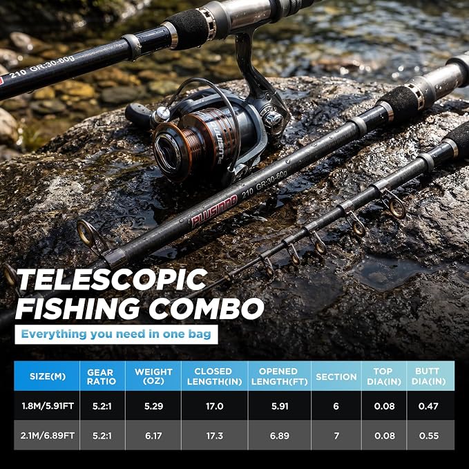 PLUSINNO Fishing Rod and Reel Combo Pole Gear Kit Telescopic Beginner | Portable All-in-One Fishing Equipment, with Freshwater Bass Trout Lures Kit Floating Net, with Carrying Case, Gifts for Men