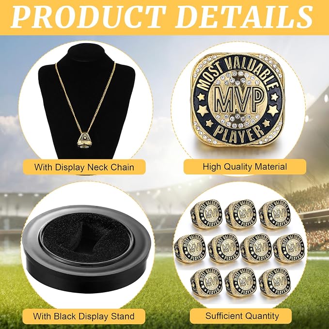 Highergo 1 PC Champion Mvp Rings Baseball Soccer Basketball Volleyball Football Softball Trophy Ring with Display Stand and Neck Chain Size 11 for Winner Tournament Award Gift(Baseball)