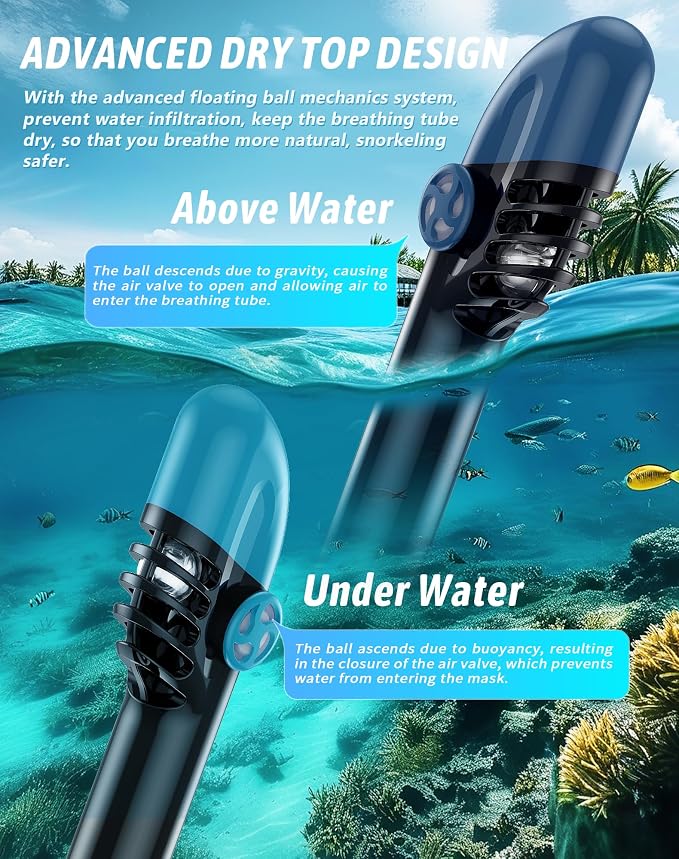 Full Face Snorkel Mask for Adults, 180° Panoramic Anti-Fog Snorkeling Gear with Dry Top System & Camera Mount, Foldable Anti-Leak Design for Travel, Swimming & Ocean Snorkeling