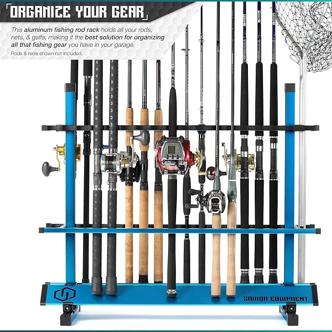 Savior Equipment Fishing Rod Rack Holder Organizer, 24-48 Slots to Hold Fresh Salt Water Spinning Rods & Reel Combo, Lightweight Aluminum Vertical Fish Pole Garage Storage Ground Display Stand