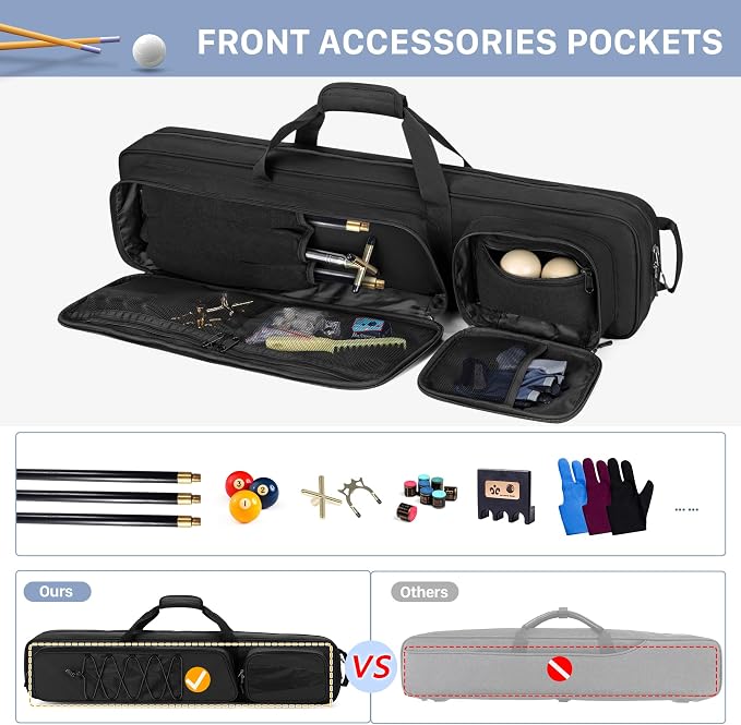 GOBUROS 4x5 Pool Cue Case, Billiard Stick Carrying Case Holds 4 Butts and 5 Shafts, Soft Pool Stick Bag with Large Front Accessories Pockets and Shoulder Strap for Easy Carry