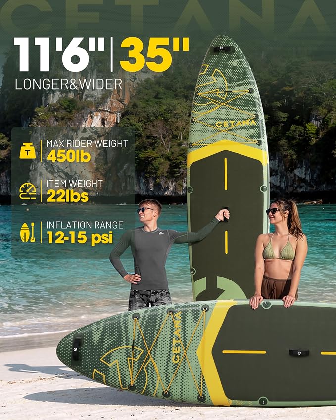 CETANA Extra Wide Inflatable Paddle Board 11'6 x 35" x 6", 450LB High Weight Capacity Wide Stable Stand Up Paddle Board for Beginners, 2–3 Person Large Paddleboard with 3 Fins, Dual Bungee, 15 D Rings