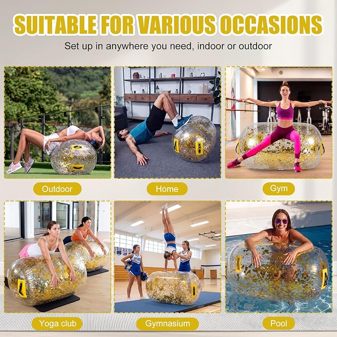 Gemscream Gymnastics Barrel Inflatable Air Roller Mat 40" x 24" Glitter Tumbling Air Barrel Gymnastic Cylinder Tumble Equipment for Back Handspring Trainer Cheerleading Yoga Home Use