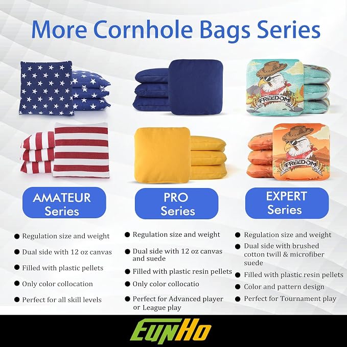 EunHo Regulation Cornhole Bags Set of 8 - Dual Sided Slick and Stick Cornhole Bean Bags for Tossing Game Professional All Weather Pro Corn Hole Bags with Tote Bag