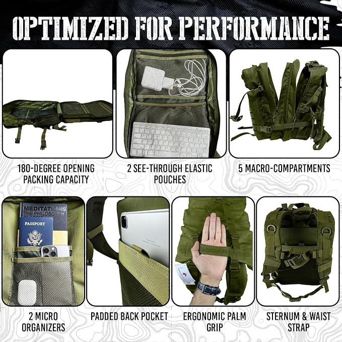 AMERICANPHOENIX 45L Elite Tactical Backpack | 3X Stronger Work & Military Backpack | Water Resistant and Heavy Duty | 3 Day MOLLE Bug Out Bag (Olive Green)