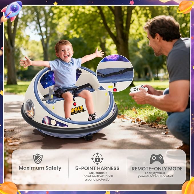 Electric Bumper Car with Remote Control, 360°Spinning Ride-on Vehicle, Rechargeable Indoor Outdoor Kid Car with LED Lights & Soft Bumper–Fun Gift (White)