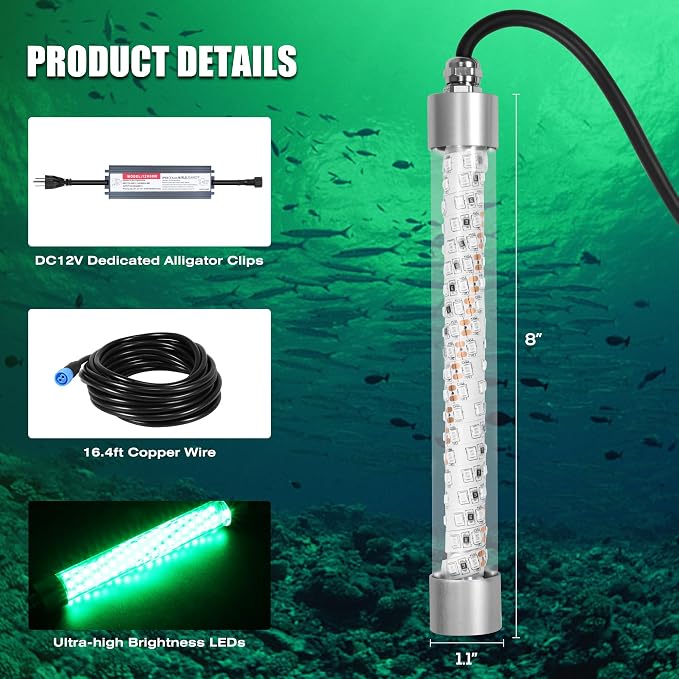 HUSUKU FS0-3 Underwater Green LED Fishing Light with Safety Transformer 110V - 100W 10,000LM / 16.4ft Cord Night Fish Finder Attractor, IP68 Submersible Lamp for Snook Crappie Squid Shrimp Fishing