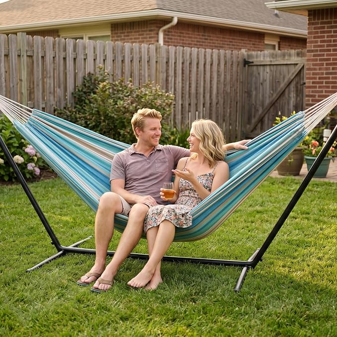 INNO STAGE 2 Persons Hammock with Tree Straps - Brazilian Double Hammocks, Portable Hanging Camping Bed for Patio, Backyard, Porch, Outdoor and Indoor Use Soft Cotton Carrying Bag, Blue, XX-Large