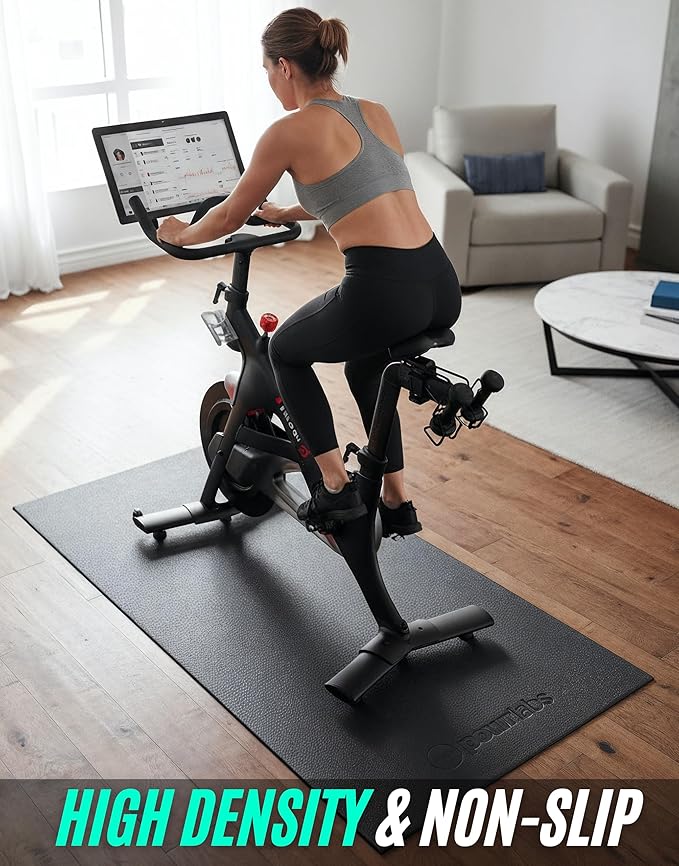 Powr Labs Bike Mat Compatible with Peloton, Treadmill, Exercise Equipment, Elliptical, Walking Pad, Indoor Bike Trainers, Home Gym Workout - Protects Hardwood Floors and Carpet