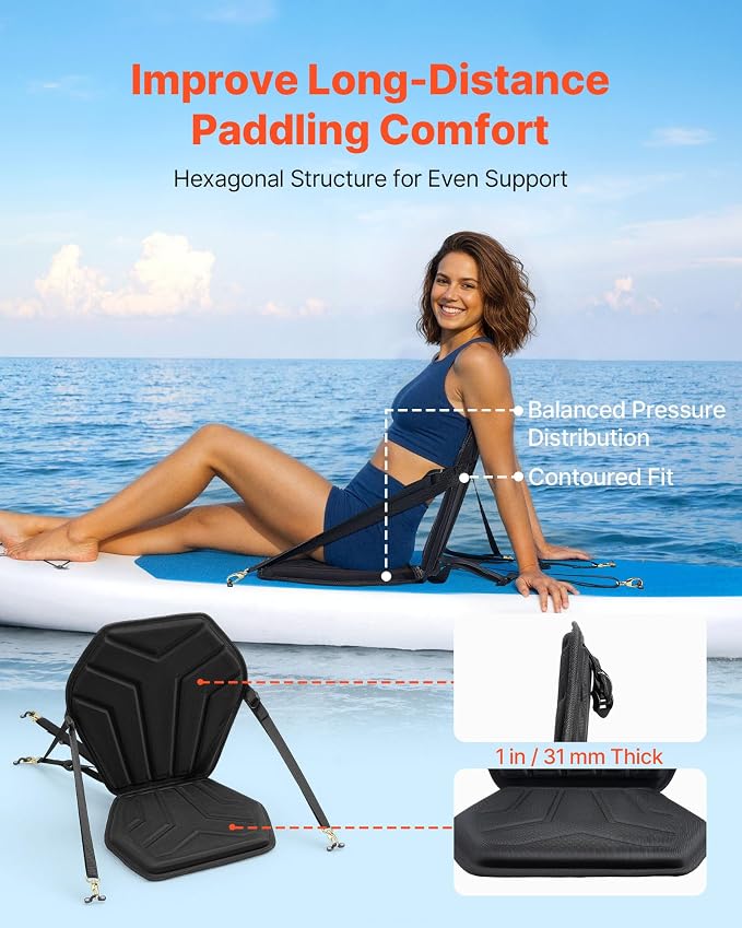 VEVOR Kayak Seat, Universal Paddle Board Seat with Adjustable Back Support, Multiple Thickness Options (0.5” to 2.6”), Soft Padded Cushion & Storage Bag for SUP, Canoe, Fishing Boat, Inflatable Kayak