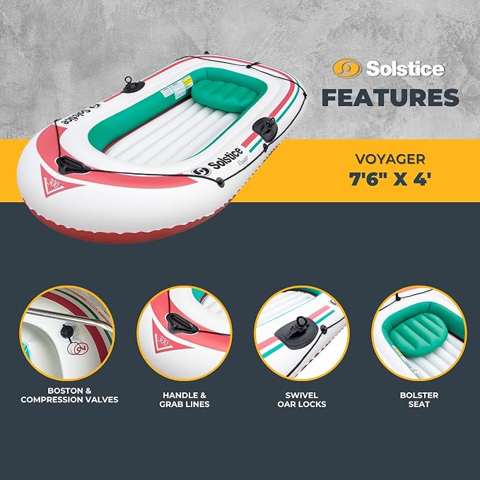 SOLSTICE Inflatable Boat for Lakes, Rivers & Beaches – Heavy-Duty Raft with Swivel Oar Locks, Grab Line & Inflatable Seat – Voyager, 3-Person, White, 7'