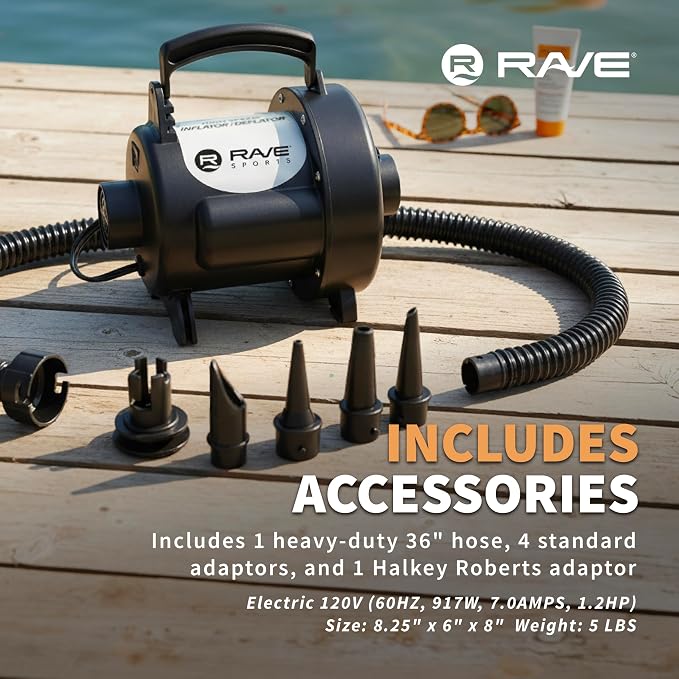 Rave Sports Electric Air Pump – Portable High Speed Inflator/Deflator for Inflatables, Water Slides, Air Mattresses & Pool Toys with 5 Adaptors