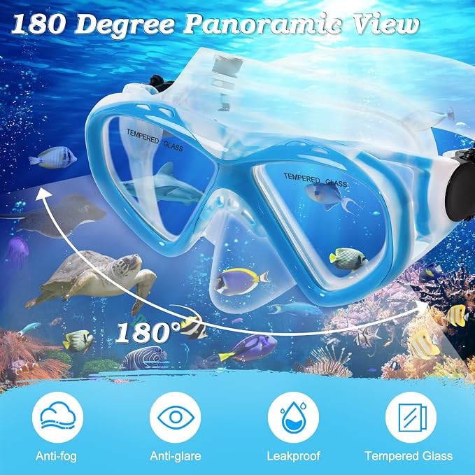 2 Sets Snorkeling Gear for Kids, Kids Snorkel Set for Ages 6-14, Dry Top Snorkel Mask Set for Youth Boys Girls Junior, Tempered Glass Diving Swimming Mask Goggles