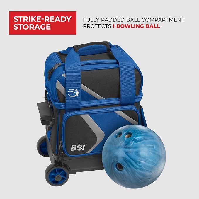BSI Dash Roller Bowling Bag with Smooth Rolling Wheels, Padded Ball Compartment, Retractable Locking Handle, & Shoe Pocket