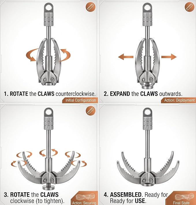 Grappling Hooks - Survival Claw Multifunctional Stainless Steel Large Hook with 20M(64ft) Static Rock Nylon Rope, Grappling Hook with Rope, Tree Climbing Gear Anchoring Fishing Rescue Vehicle Towing