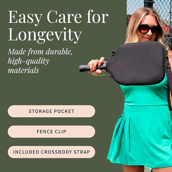 Posh Pickler Crossbody Neoprene Pickleball Bag - Paddle Cover with Adjustable Strap, Built-in Pocket for Essentials, Carabiner Fence Clip, Add-On Ready D-Rings, and Durable Design for Everyday Use