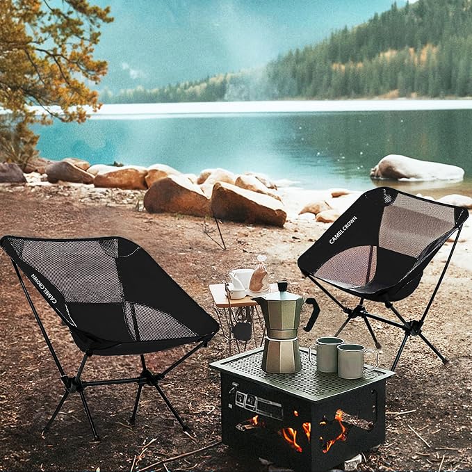 CAMEL CROWN Portable Camping Chair Lightweight Compact Folding Chair Mesh for Outdoor Camp Travel Beach Picnic Festival Hiking Backpacking Black 2 Pack