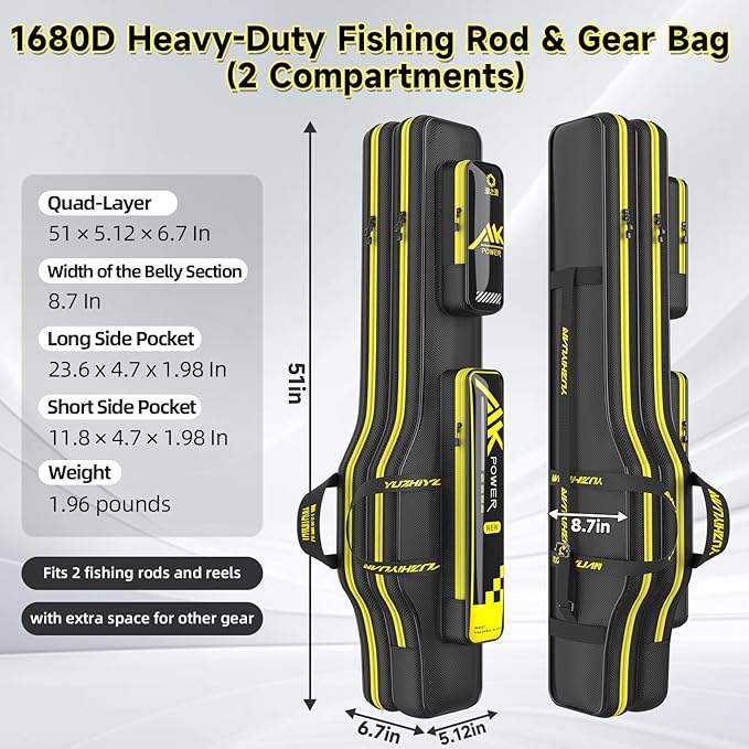 Fishing Rod Case & Bag Triple-Layer - 1680D Oxford, Wire-Reinforced Anti-Deforming, Foldable Portable, Quick-Access Compartments, Fishing Gift for Men Anglers