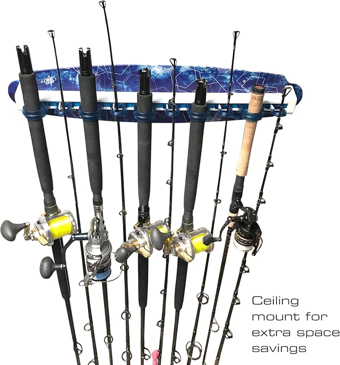 Rush Creek Creations Reel Salty Waterproof Offshore/Inshore Fishing Rod Holder for 10 Saltwater Fishing Poles + Fishing Gear & Fishing Accessories Perfect for Garage Organization & Wall Storage