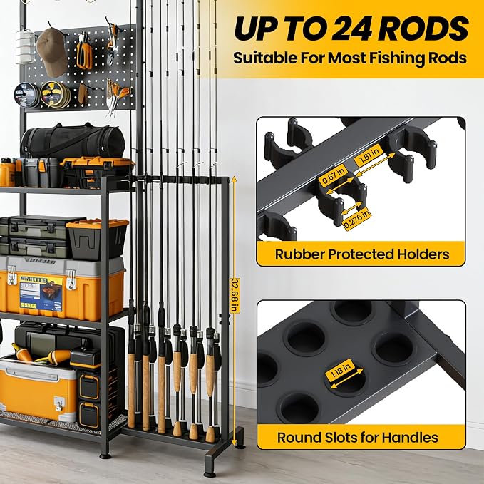 YQSLYSF Fishing Rod Holders for Garage with Pegboard & Metal Mesh Basket, Fishing Rod Storage Rack, Vertical Fishing Pole Holder for Up to 12 -24 Poles, Tackle Gear Organizer