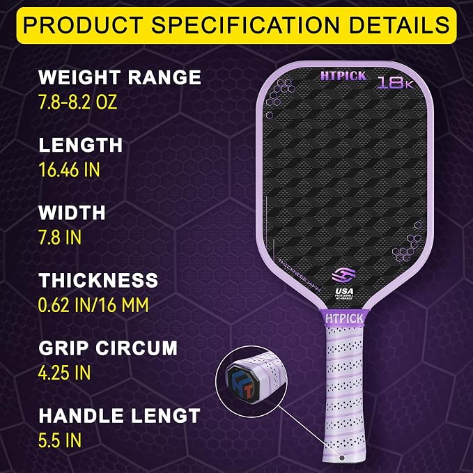 Pickleball Paddles, Carbon Fiber Pickleball Paddle High Grit & Spin with PP Honeycomb Core 16mm Thickness and Thermoformed Elongated Shape, Increased Power for Ultimate Spin & Consistency