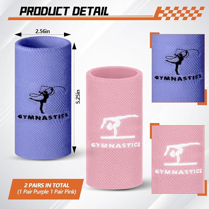 WinnerWhy 2 Pairs 5.25 Inch Gymnastics Wristbands for Grips Comfortable Cotton Wrist Bands Sweat Band Extra Lengthen Long Gymnastics Wrist Sweatbands for Female Gymnasts