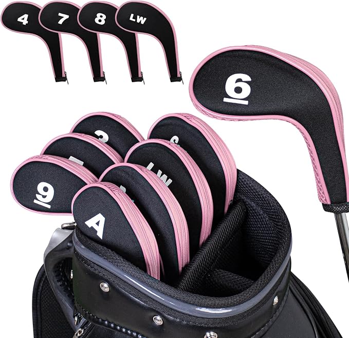Golf Club 12pcs Thick Synthetic Zipper Long Neck Set Headcover Fit The Most Brands, Side Number Golf Iron Club Head Cover LW SW PW Covers #3,4,5,6,7,8,9