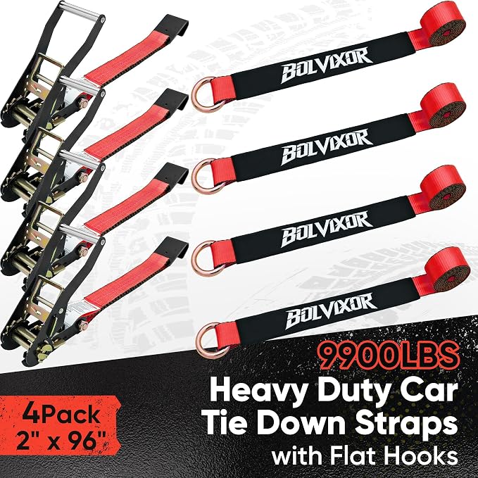 4 Pack Car Tie Down Straps for Trailers - 2" x 96" - 9900LBS Break Strength - Heavy Duty Tire Ratchet Straps with Flat Hooks for Hauling UTV, SUV, Truck, Any Cars