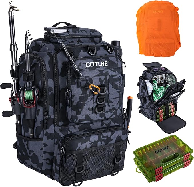 Goture 40L Large Camouflage Fishing Backpack, 900D Tear-Resistant Tackle Bag with Cooler & Rain Cover & 3600 Trays, Freshwater Saltwater