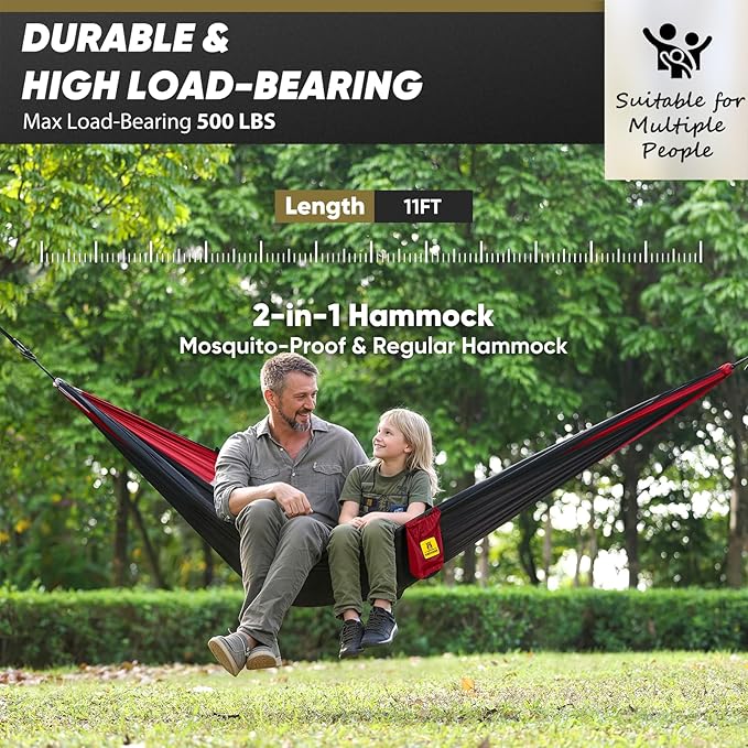 Camping Hammock with Mosquito Net, 500 lbs Portable Hammock with Tree Straps, 2-in-1 Double/Single Travel Hammock Tent for Outside/Indoor/Backpacking/Beach - Black & Red