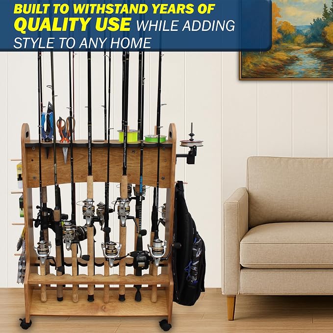 Rush Creek Creations Rolling Rod Holder for 16 Saltwater/Freshwater Fishing Rods, Pole Holder for Garage Organization and Room Storage, Gear and Accessories