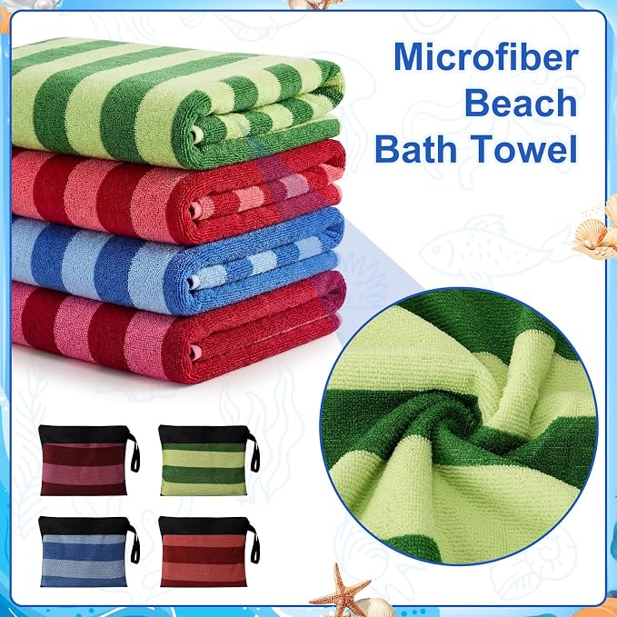 Gilprop 4 Packs Oversized Stripe Beach Towels XL L Microfiber Clearance Pool Towels with Bags Clips Soft Absorbent Quick Dry Camping Swim Towel for Adult Women Men Travel Family (72×36 in,Multicolor)